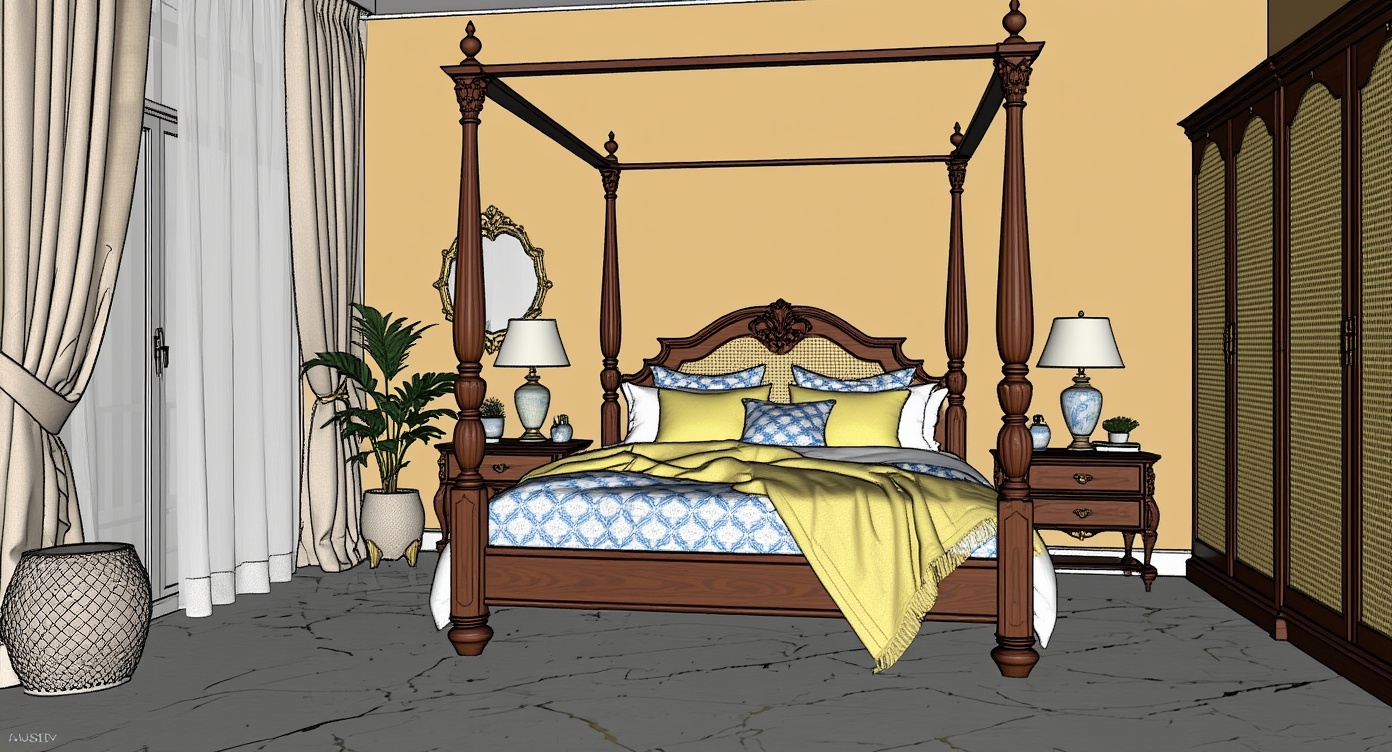 Original architectural 3D model: Carved wood four-poster bedroom — traditional scene