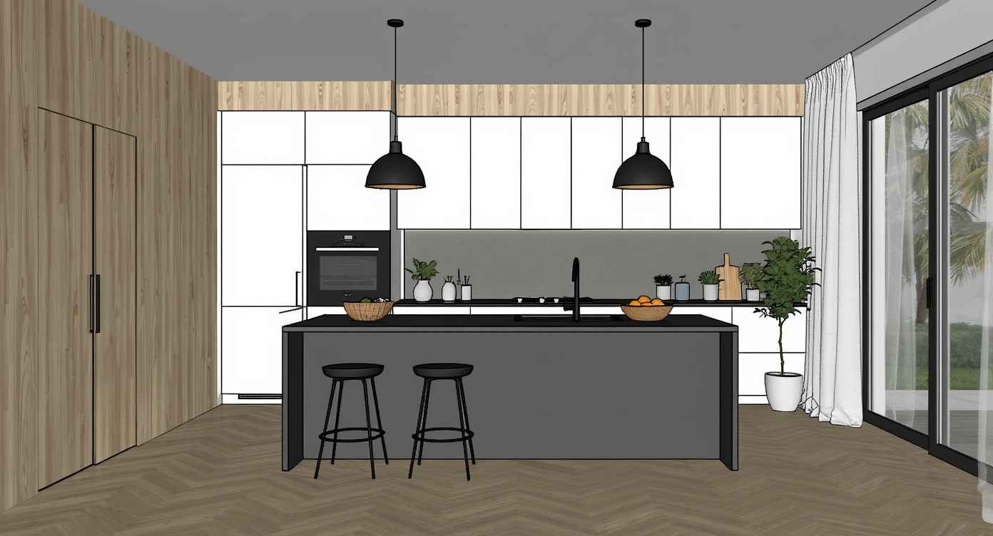 Original architectural 3D model: Modern wood-panel kitchen — matte island