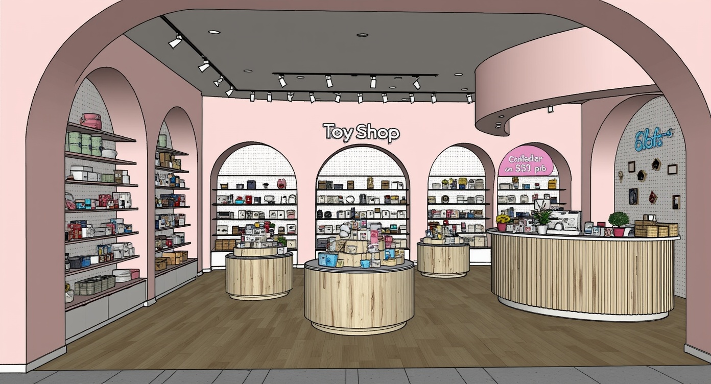 Original architectural 3D model: Playful pastel toy shop interior