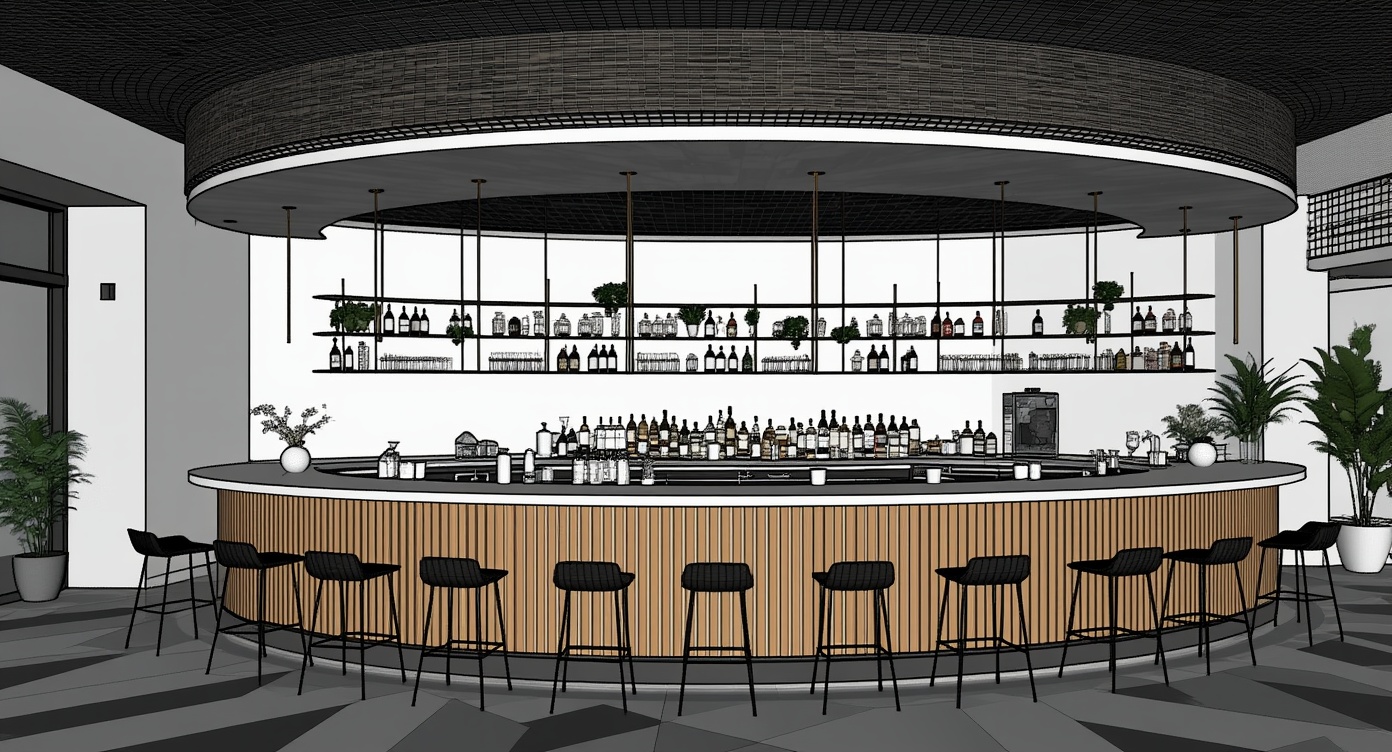 Original architectural 3D model: Curved sculptural bar — warm contemporary interior