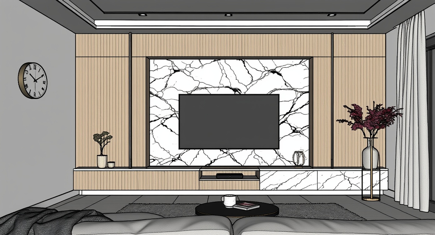 Original architectural 3D model: Modern wood‑paneled media wall — night interior
