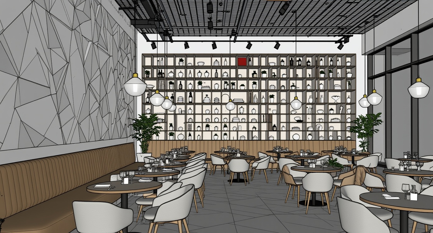 Original architectural 3D model: Modern casual restaurant interior — geometric shelving