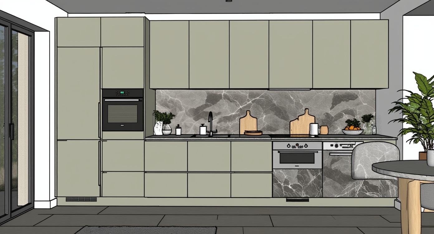 Original architectural 3D model: Handleless sage-green kitchen elevation