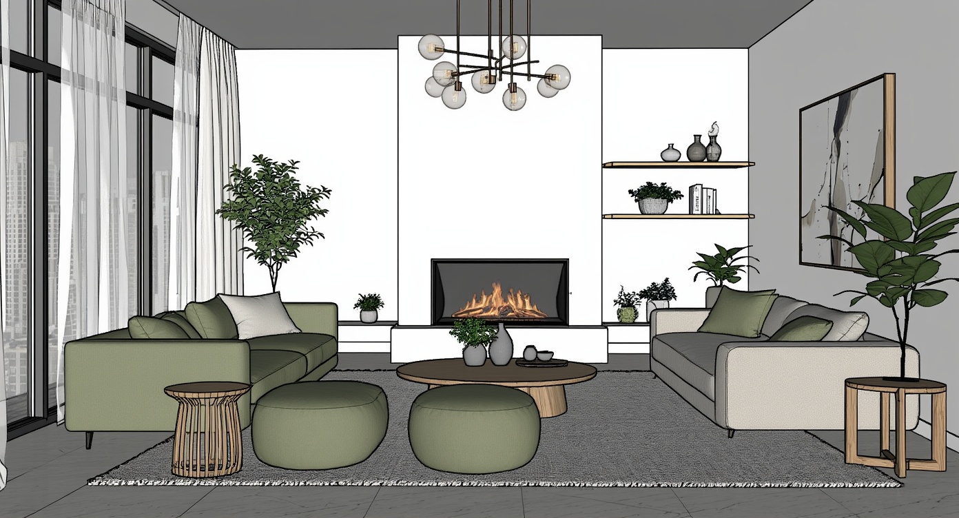 Original architectural 3D model: Minimalist modern living room — morning light render