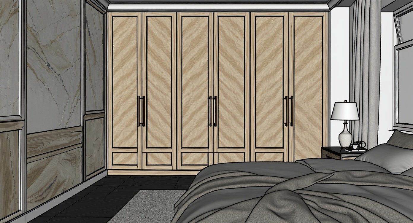 Original architectural 3D model: Modern bedroom with built-in wardrobe — granite floor