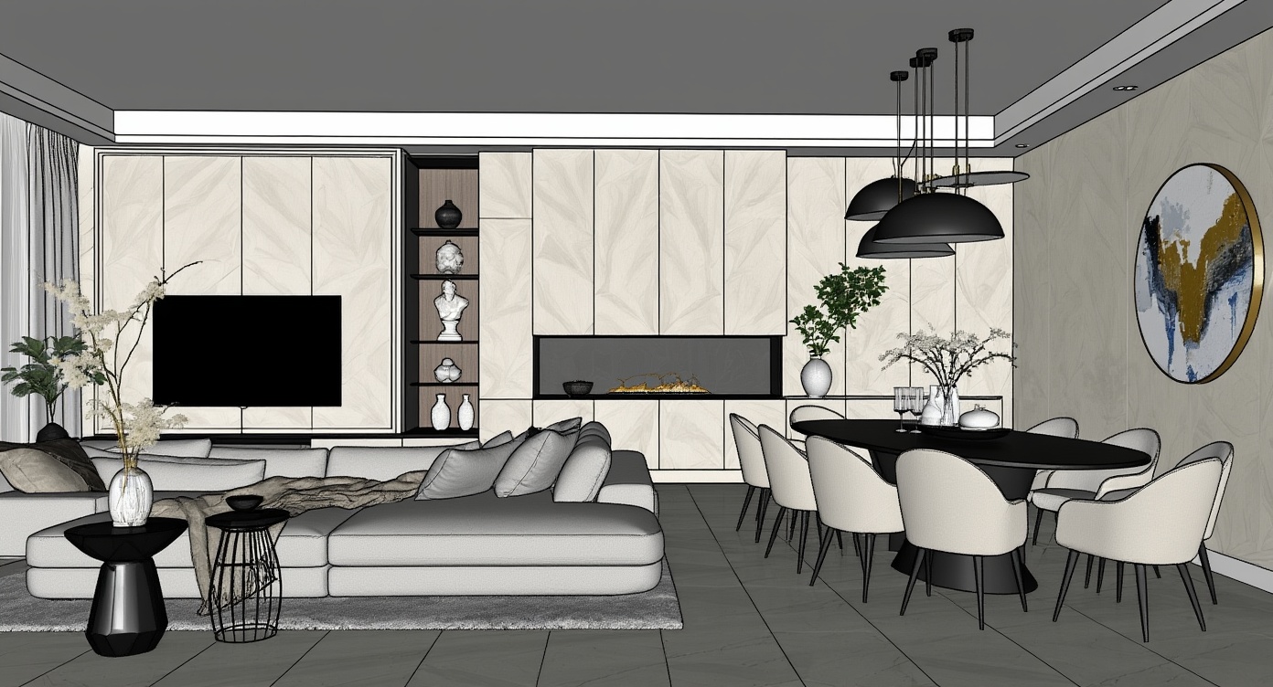 Original architectural 3D model: Contemporary open-plan living & dining — modern media wall
