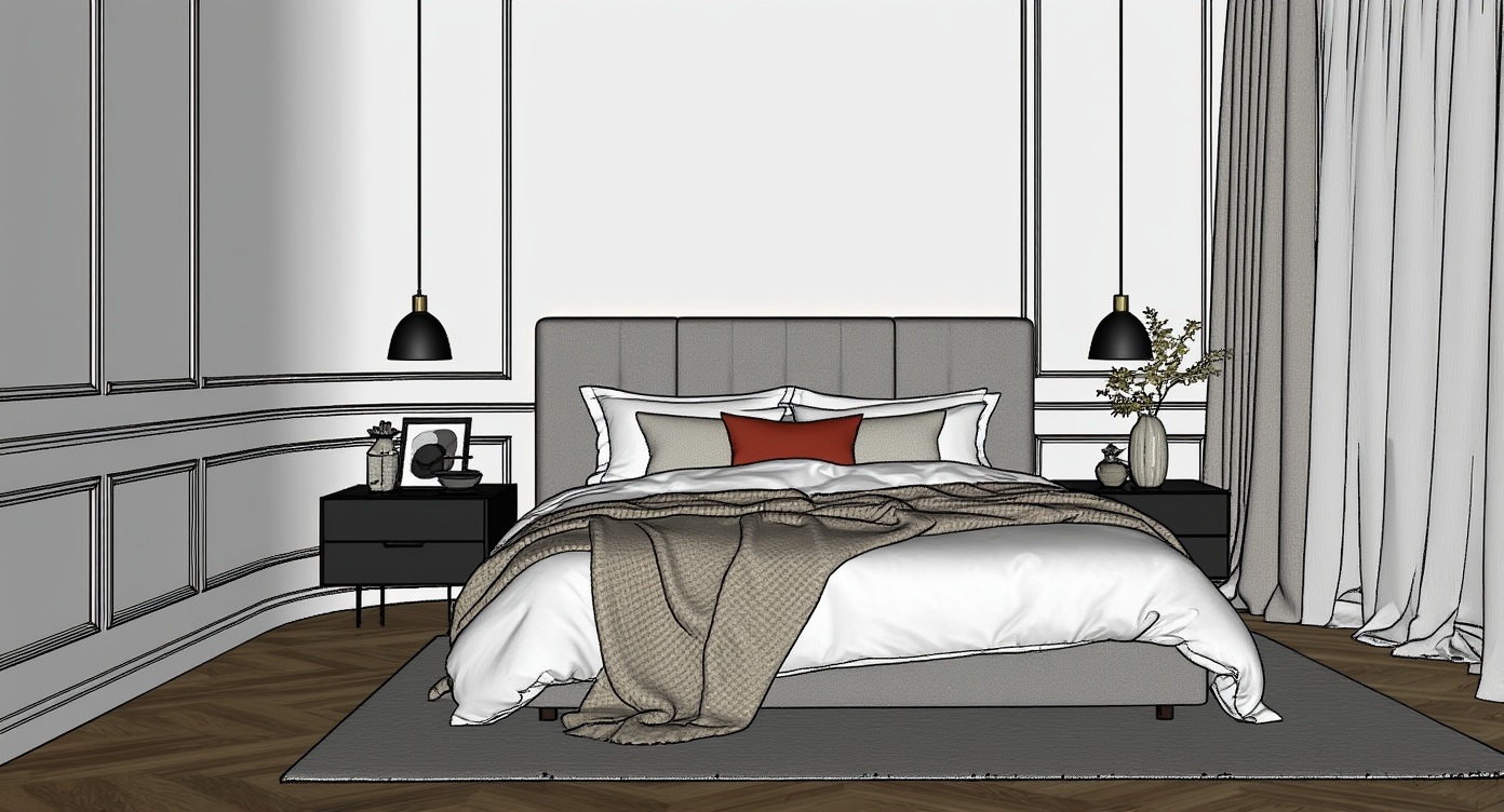 Original architectural 3D model: Modern curved-wall bedroom render