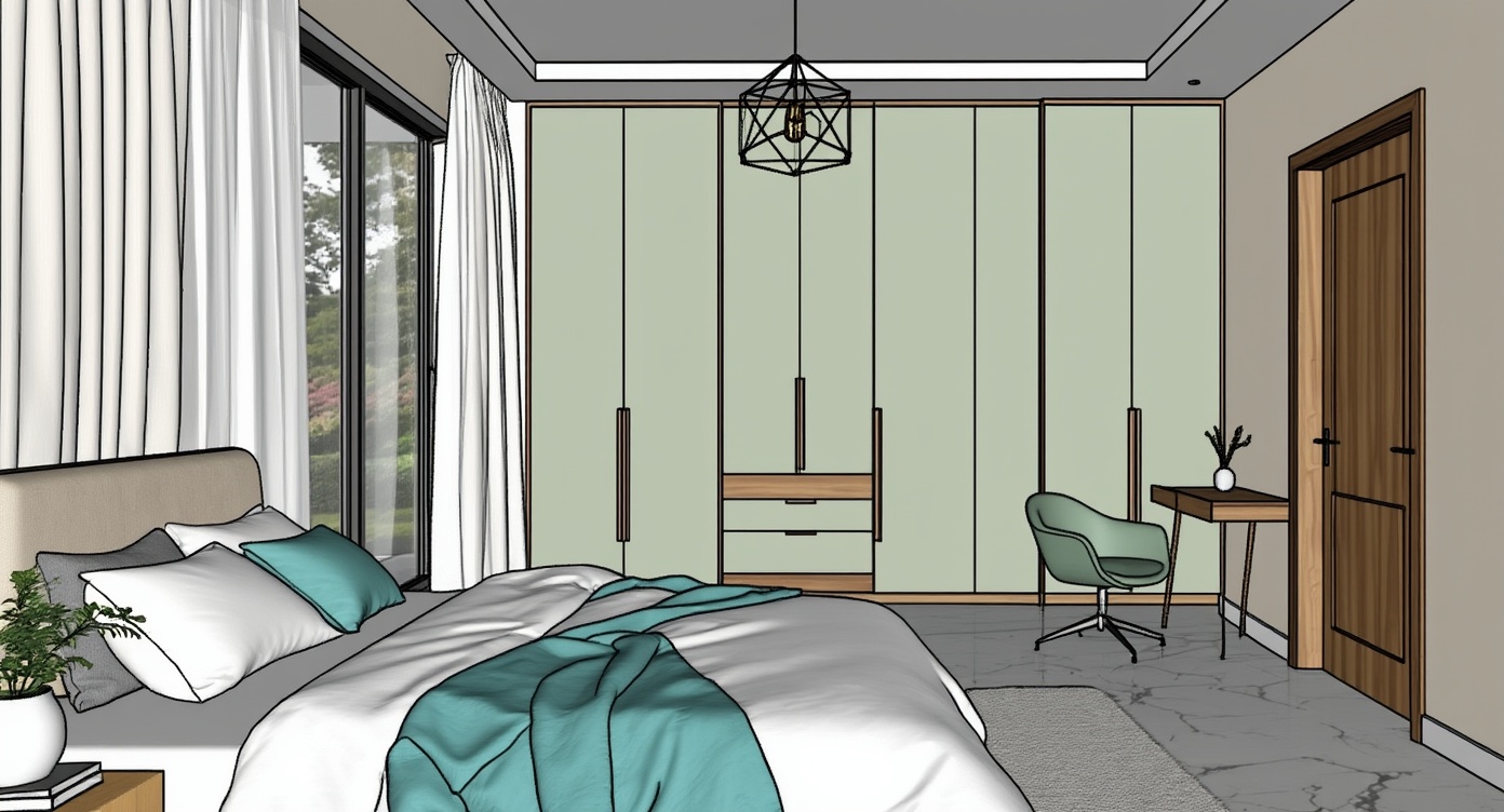 Original architectural 3D model: Minimalist morning bedroom — modern mint wardrobe