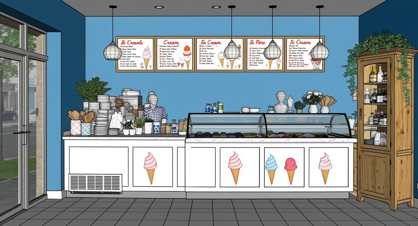Original architectural 3D model: Cobalt-blue modern ice cream parlor
