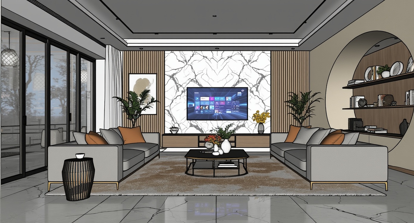 Original architectural 3D model: Modern living room — evening layered lighting