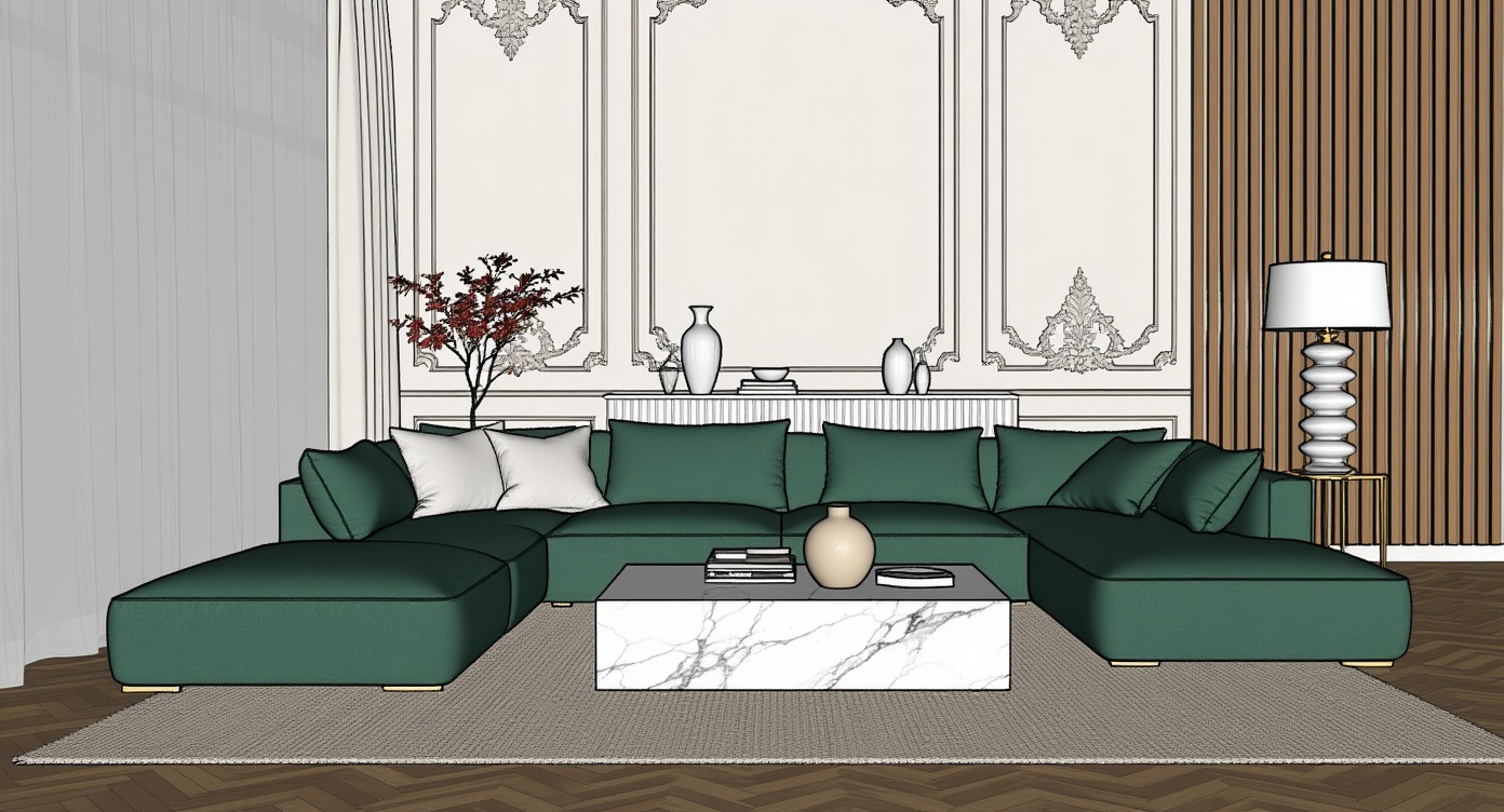 Original architectural 3D model: Modern luxe living room — green modular sofa