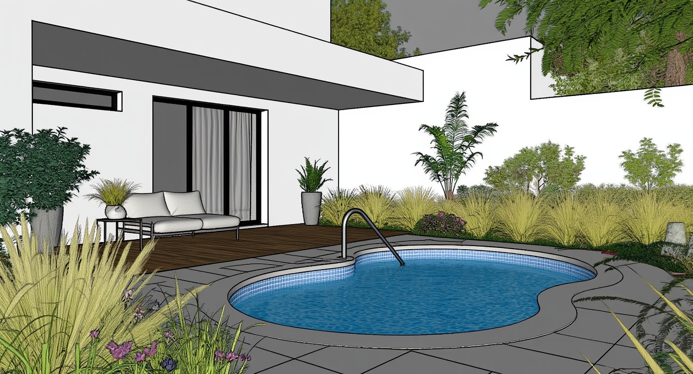Original architectural 3D model: Minimal courtyard with kidney pool — morning light