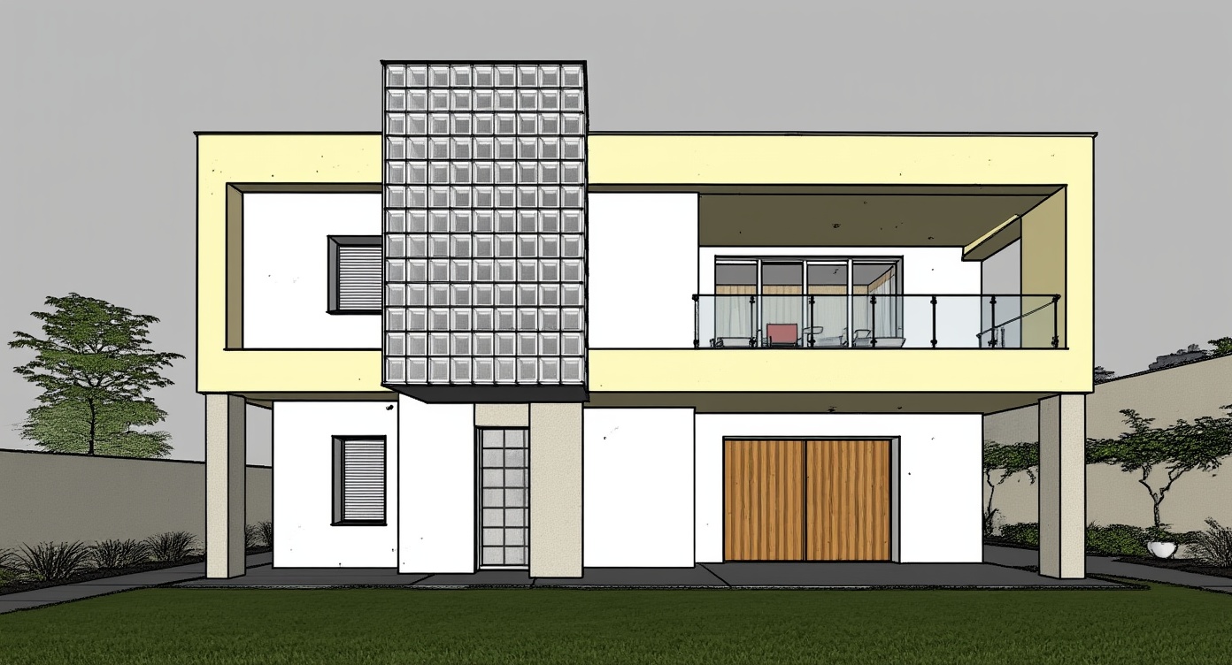 Original architectural 3D model: Modern elevated two-story house — glass-block stair tower