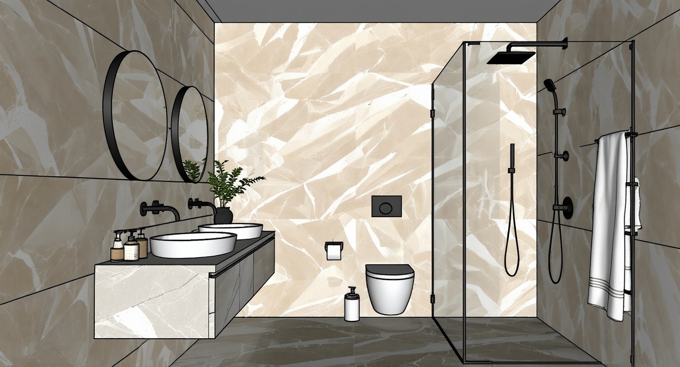 Original architectural 3D model: Minimalist travertine bathroom render
