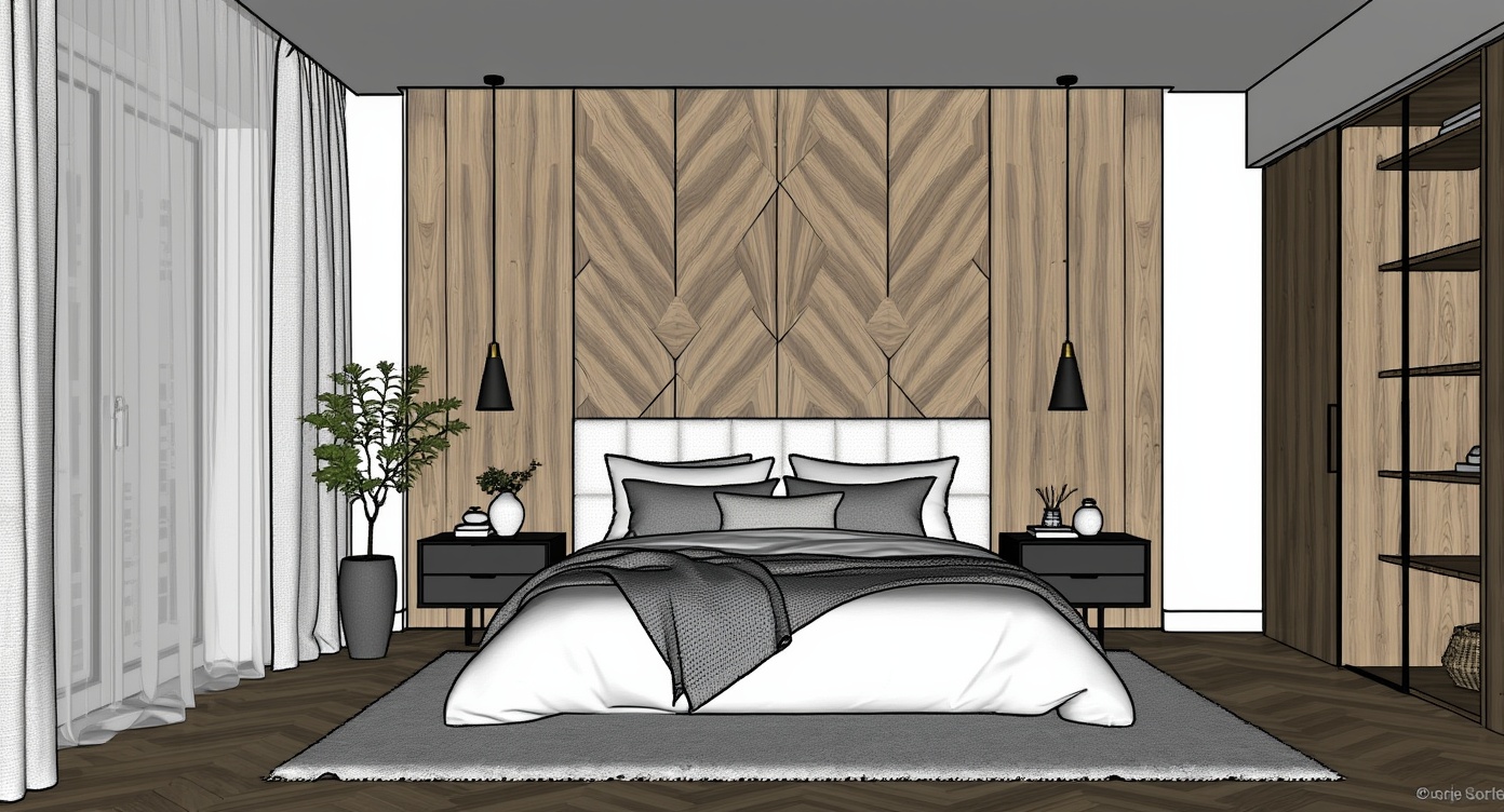 Original architectural 3D model: Modern master bedroom — wood-panelled, geometric headboard
