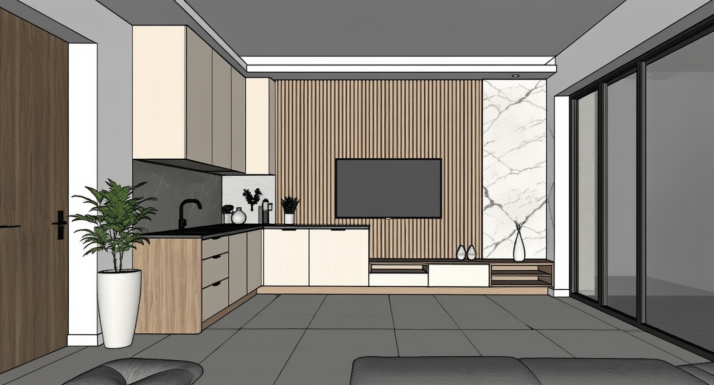 Original architectural 3D model: Modern l-shaped kitchen-living — evening render