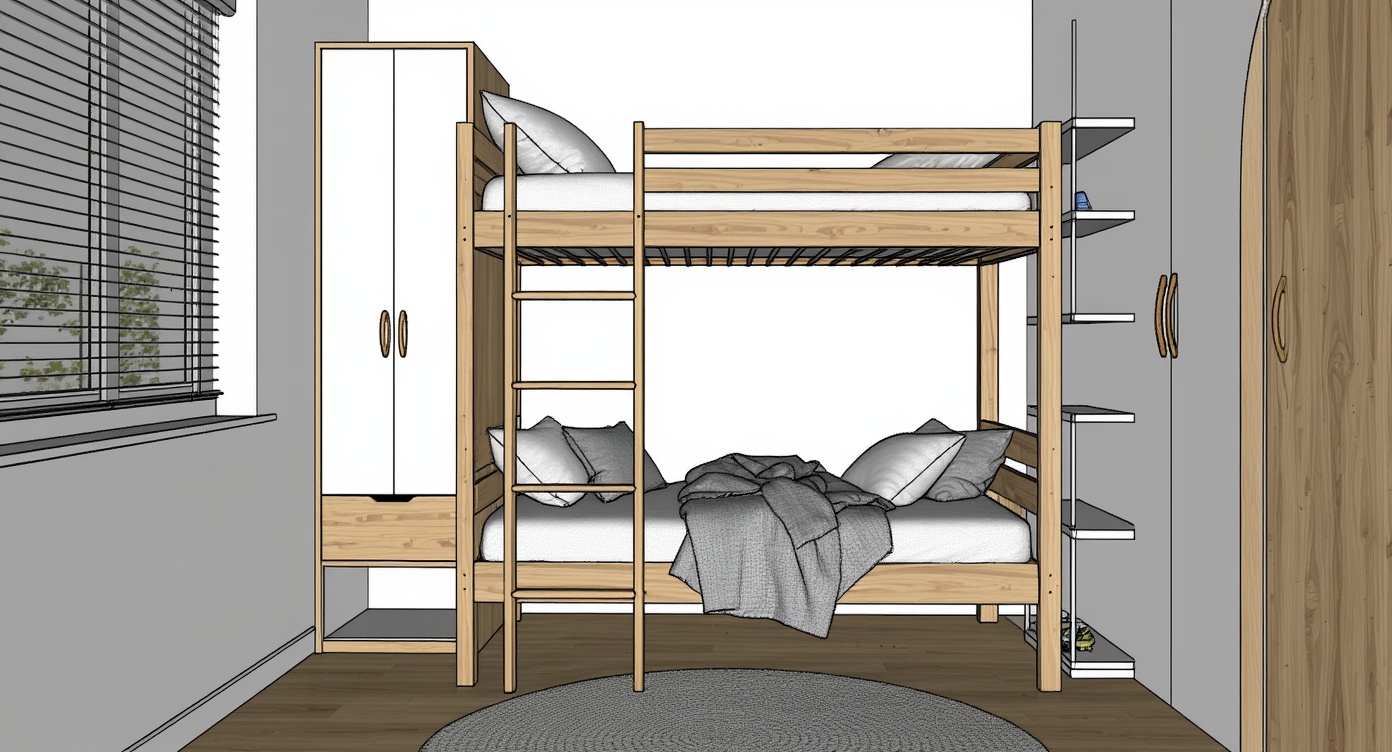 Original architectural 3D model: Light oak minimalist bunk bedroom