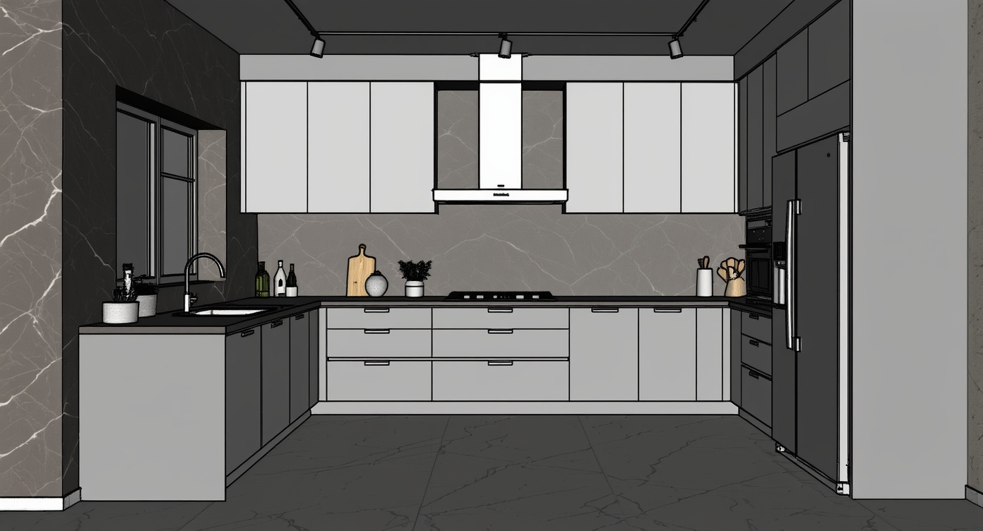Original architectural 3D model: Modern l-shaped night kitchen — matte grey cabinets