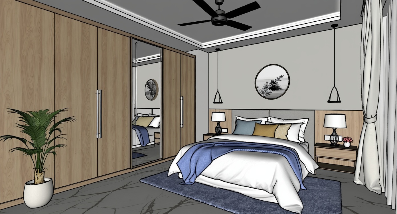 Original architectural 3D model: Modern marble bedroom render — contemporary scene