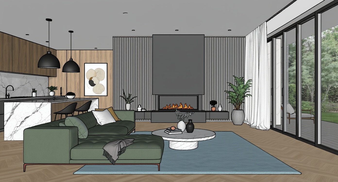 Original architectural 3D model: Modern open-plan living room & marble kitchen