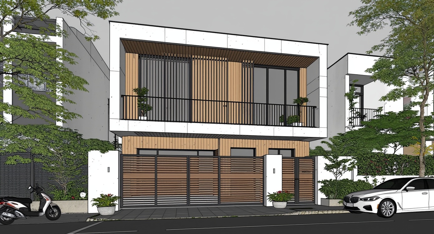 Original architectural 3D model: Contemporary urban townhouse facade — evening render