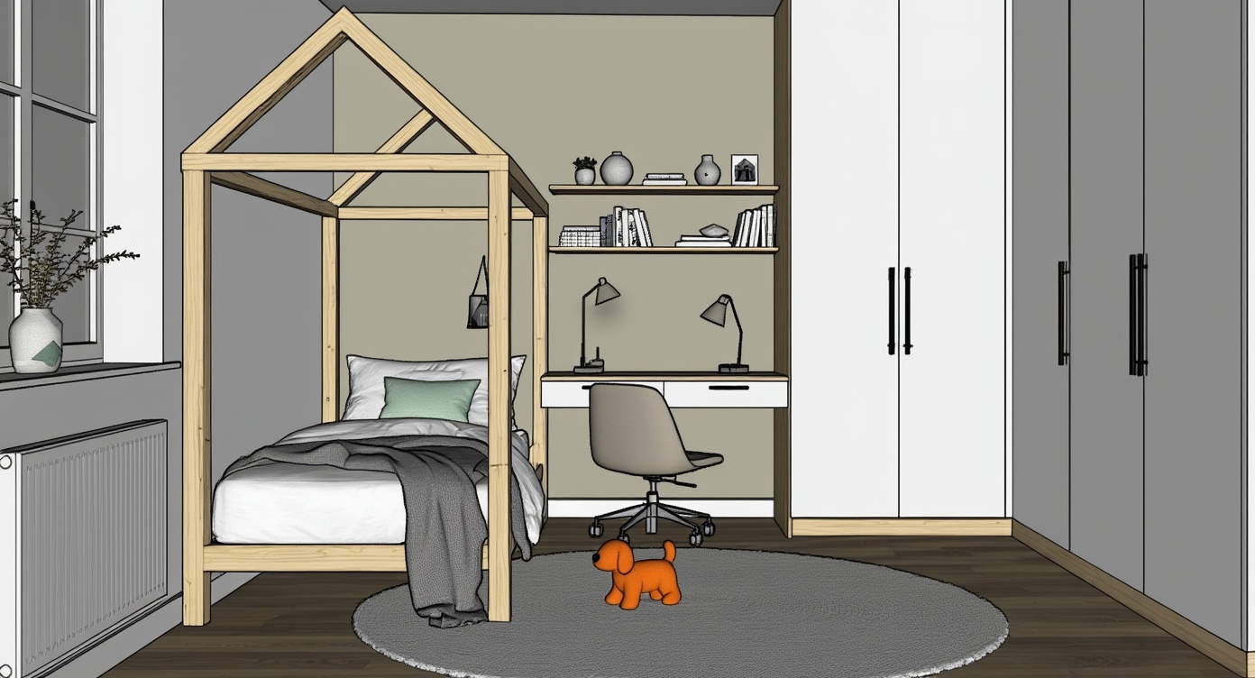 Original architectural 3D model: Modern kids' bedroom — wood alcove bed & study