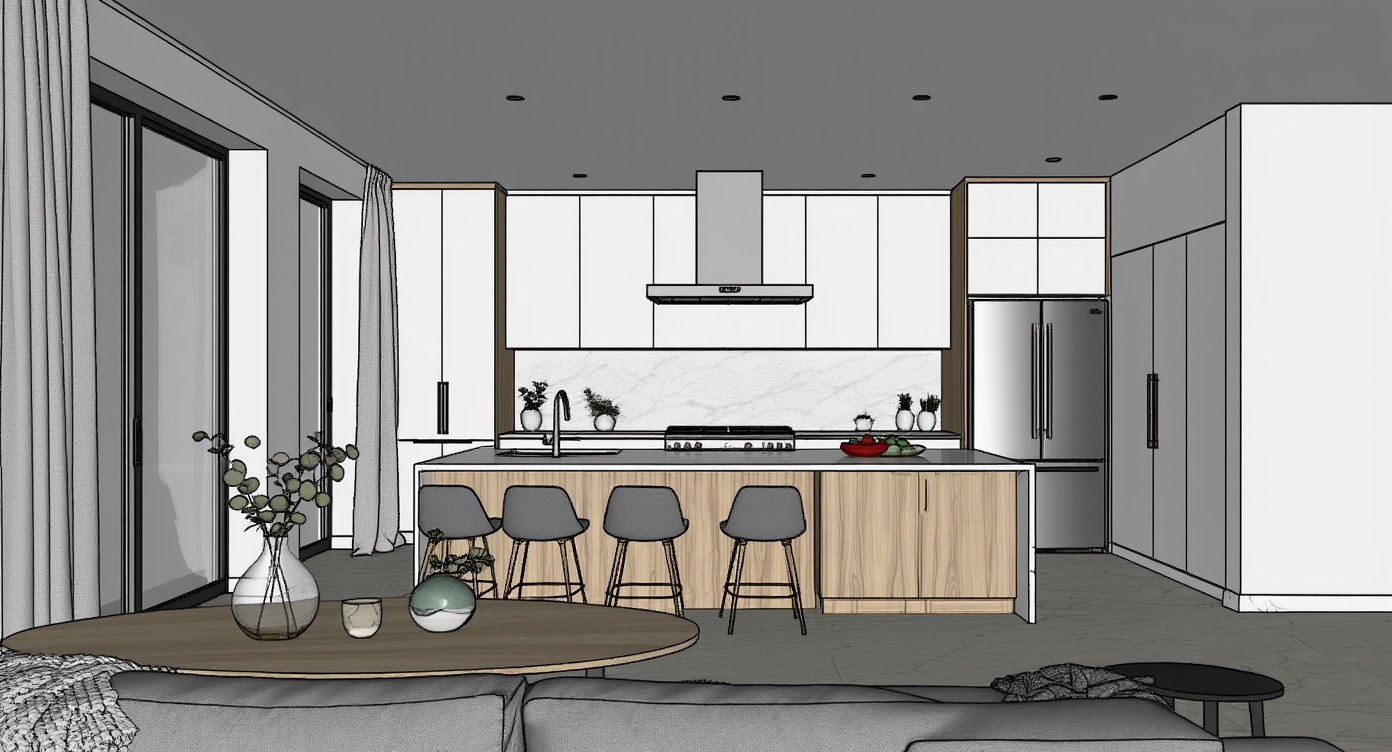 Original architectural 3D model: Modern open-plan kitchen-dining — morning light