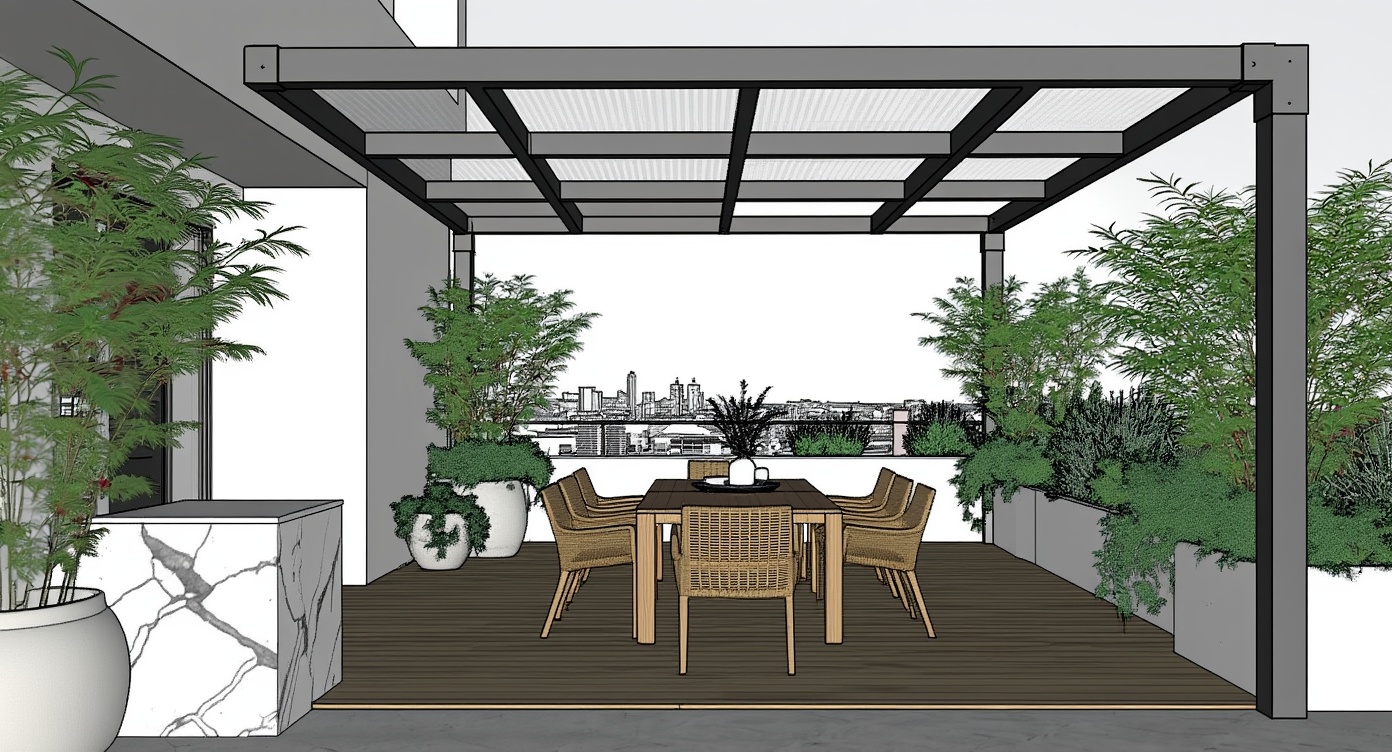 Original architectural 3D model: Modern rooftop terrace pergola dining