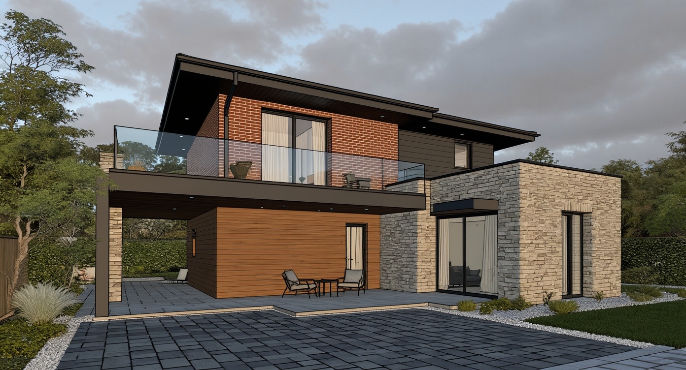 Original architectural 3D model: Modern mixed-material two-story house — night exterior