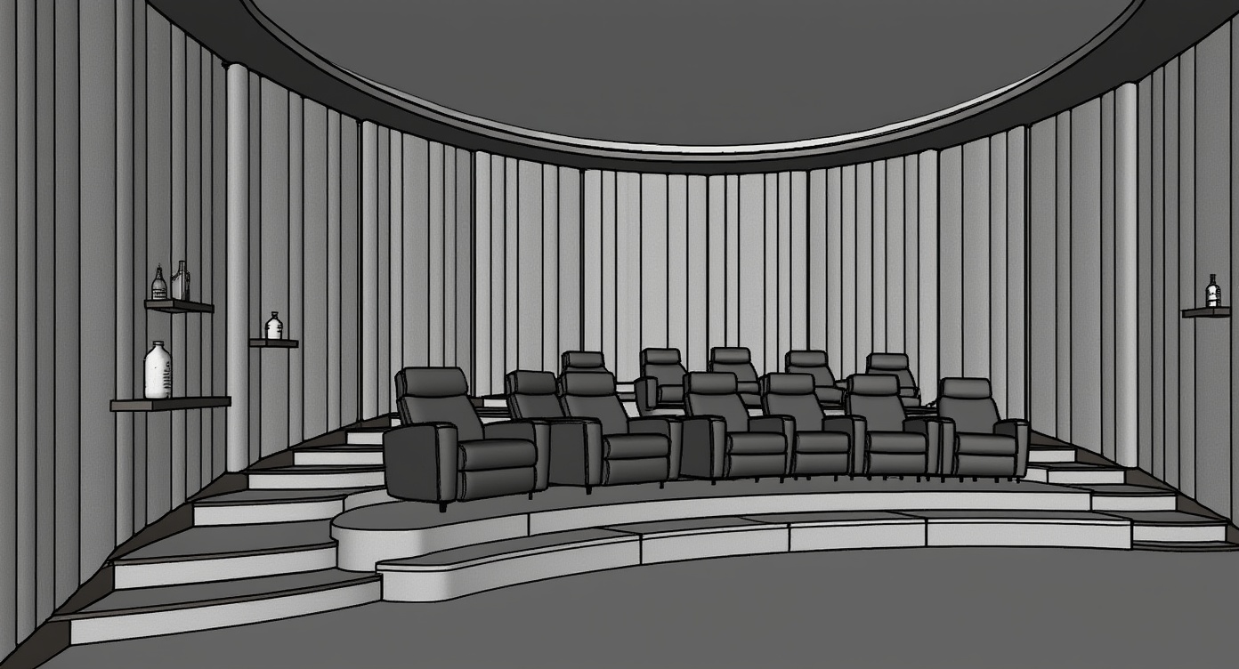 Original architectural 3D model: Curved-slat modern home theater