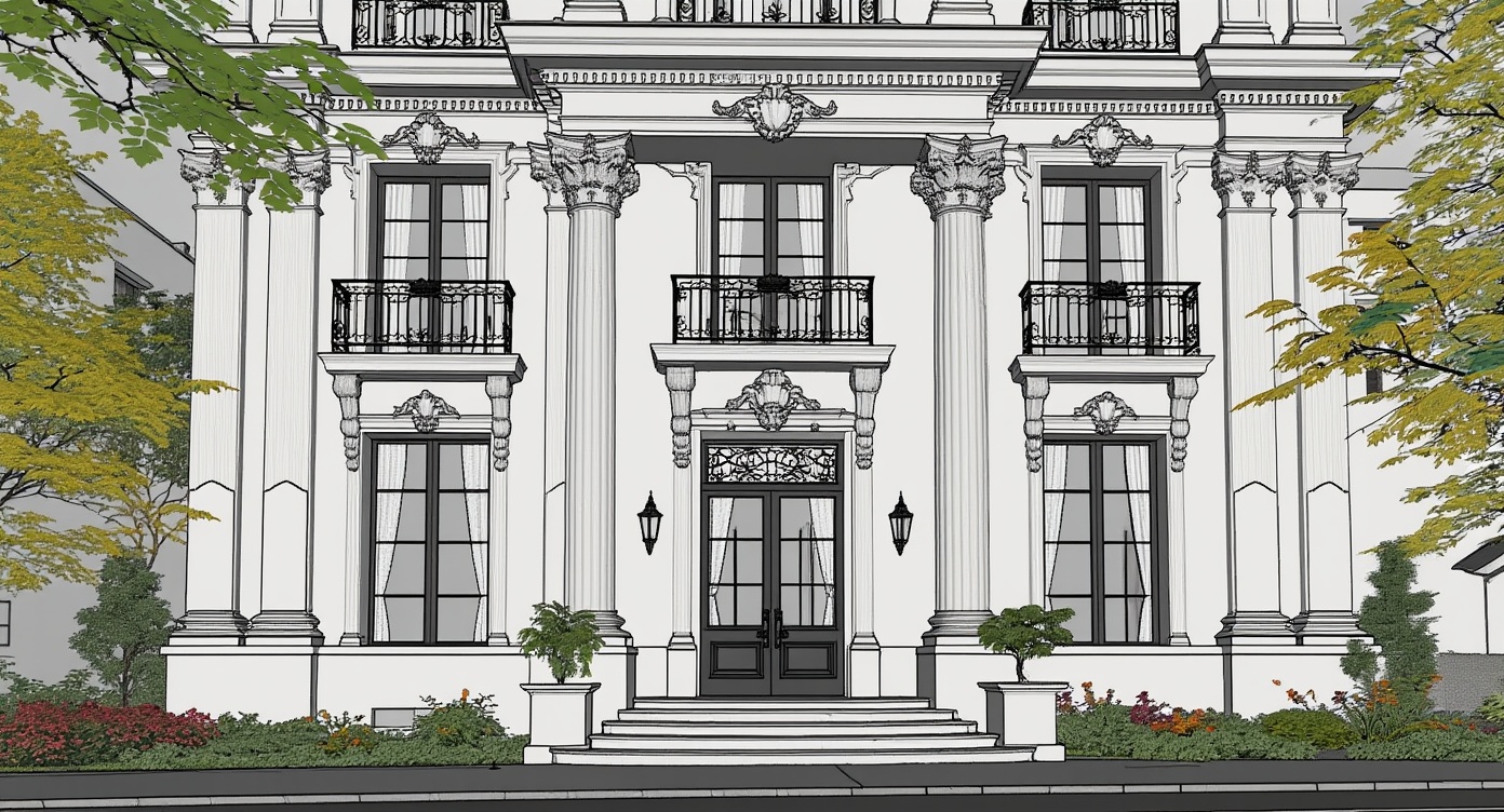 Original architectural 3D model: Neoclassical three-story façade render
