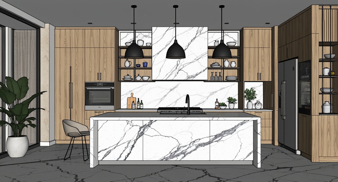 Original architectural 3D model: Modern marble-front luxury kitchen