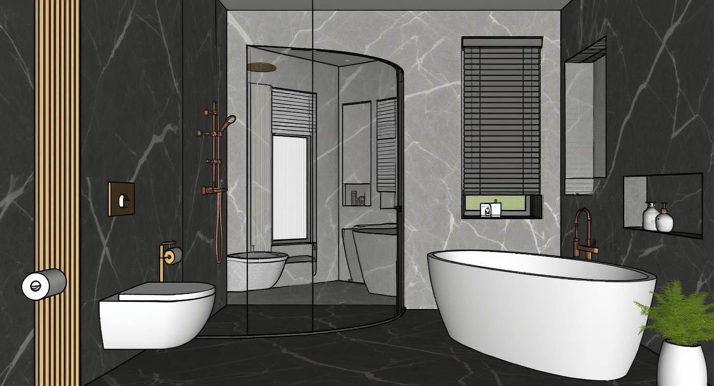 Original architectural 3D model: Modern luxury marble bathroom render