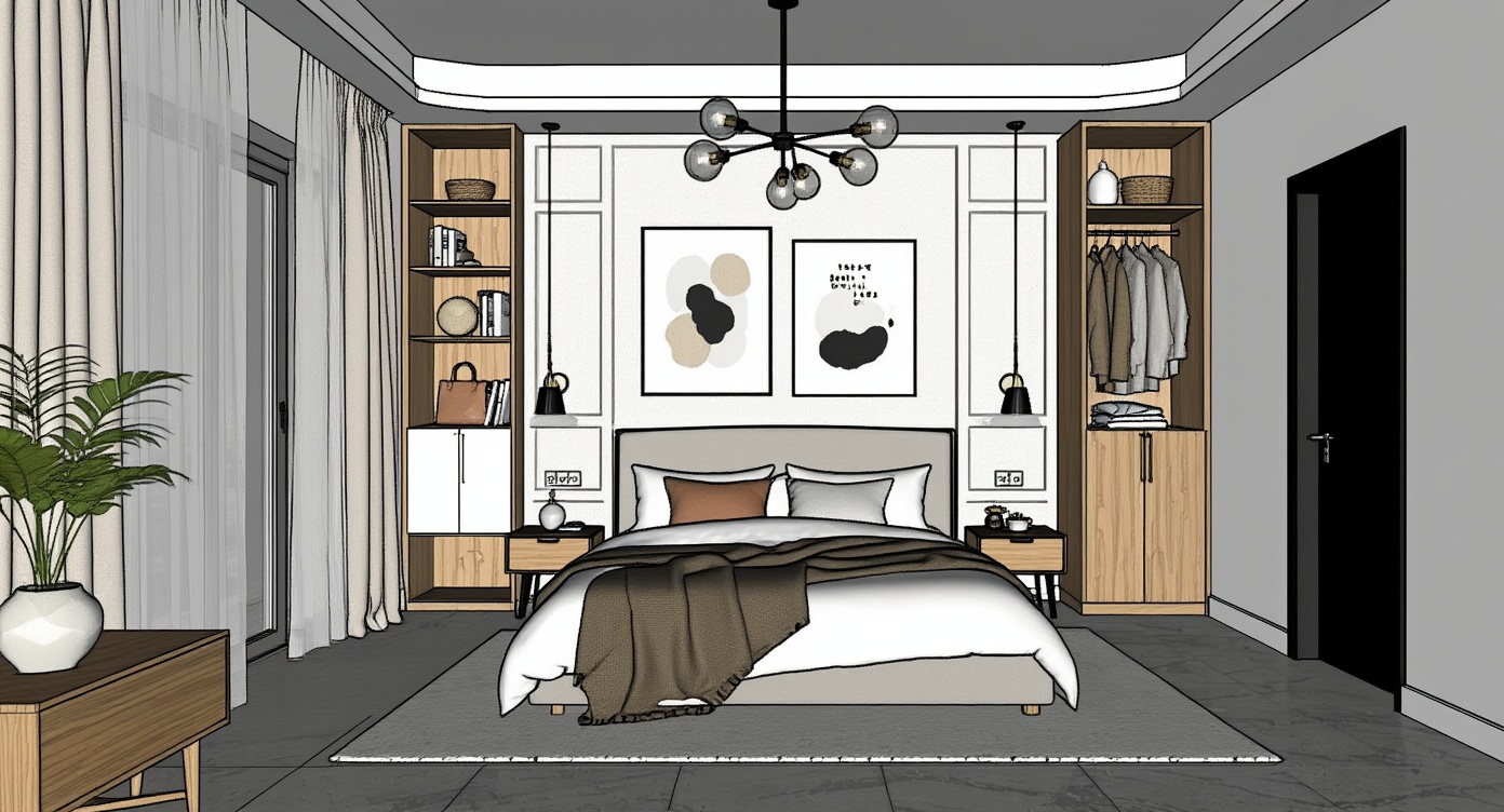 Original architectural 3D model: Modern mid-century bedroom render
