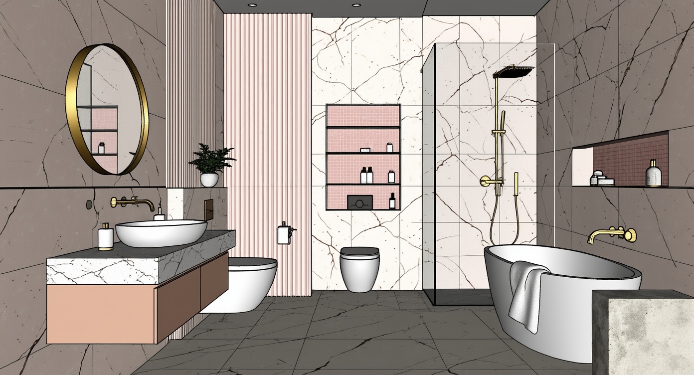 Original architectural 3D model: Pink terrazzo modern bathroom