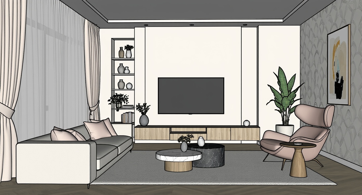 Original architectural 3D model: Soft contemporary living room — blush & natural wood