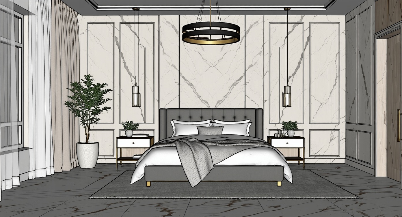Original architectural 3D model: Modern marble-panelled luxurious bedroom