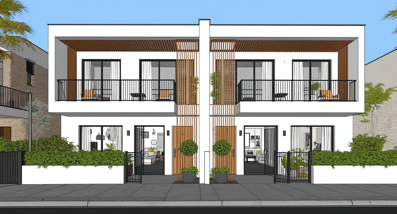 Original architectural 3D model: Modern twin townhouse facade — timber-slat elevation