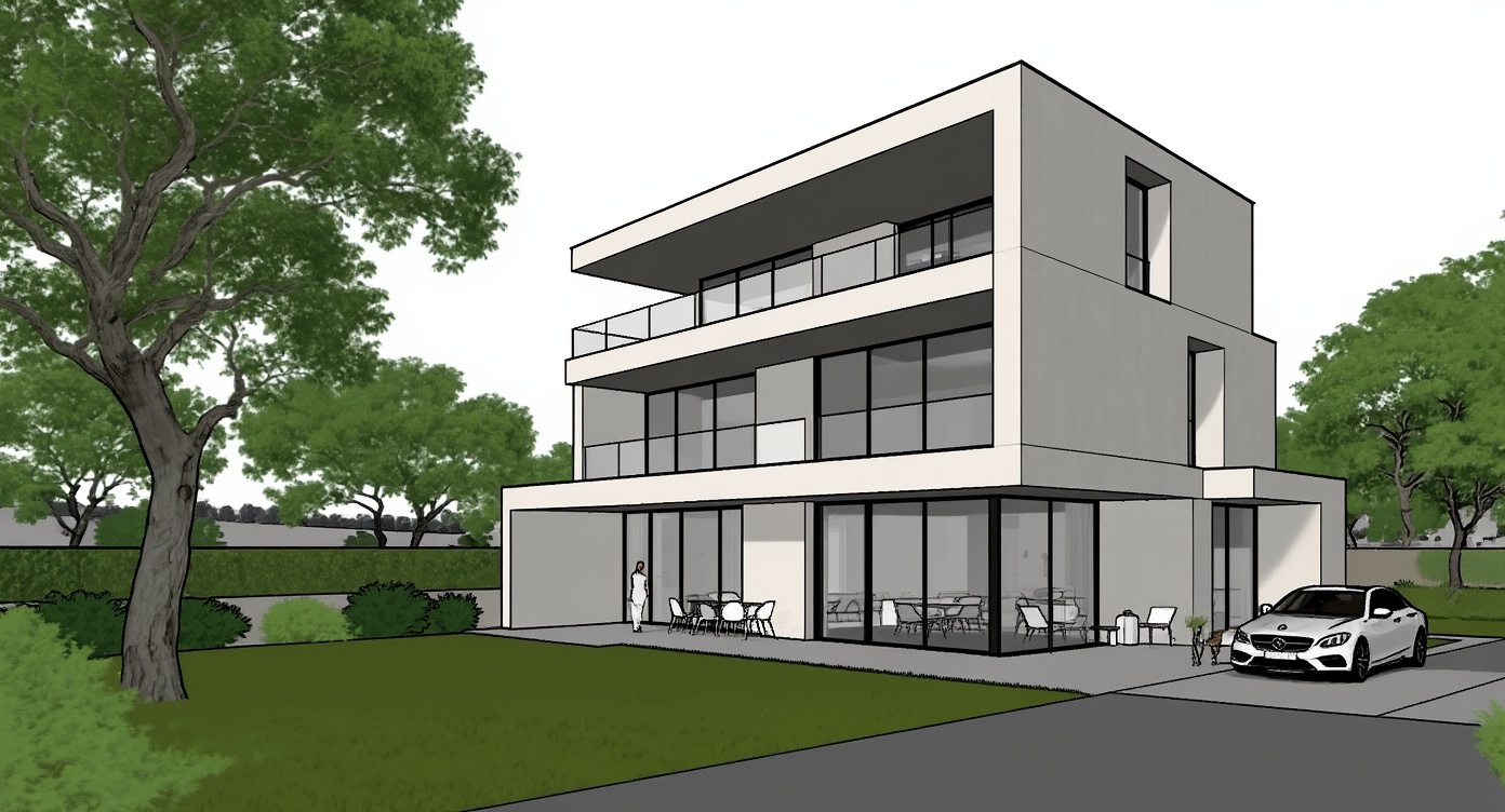 Original architectural 3D model: Minimalist concrete three-story home — morning render