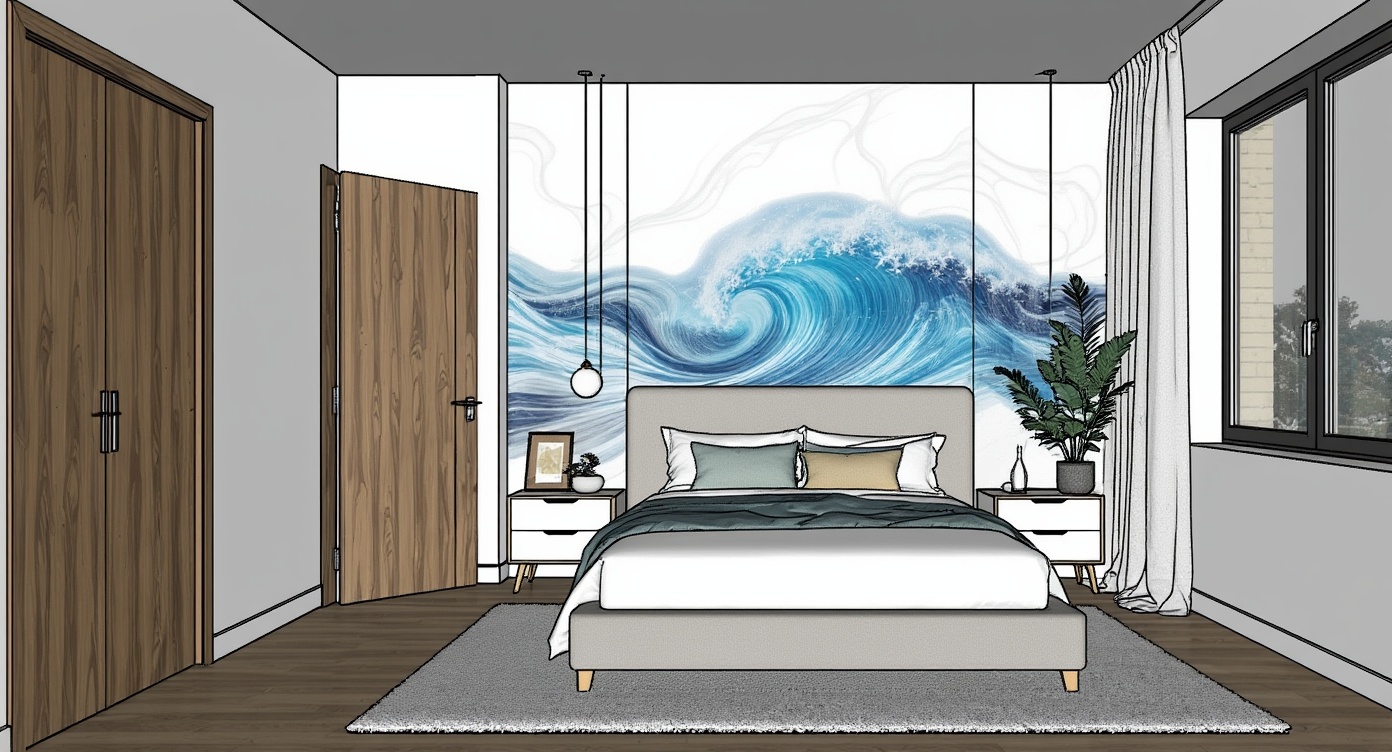 Original architectural 3D model: Minimalist modern bedroom render — evening lighting