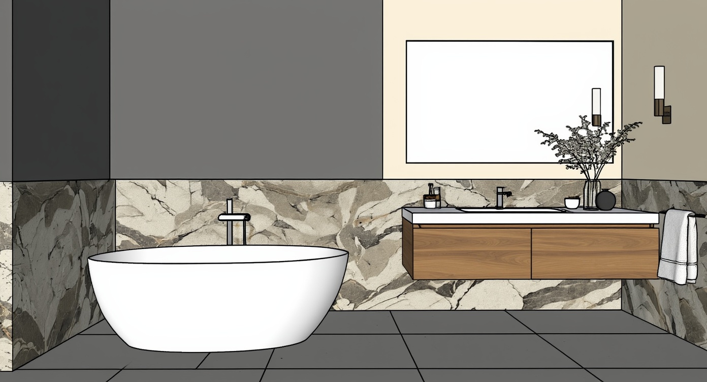 Original architectural 3D model: Modern concrete bathroom — freestanding tub & floating vanity