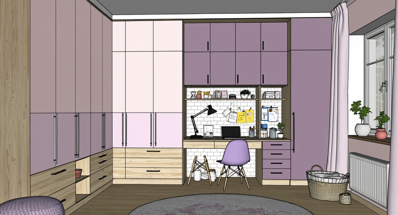 Original architectural 3D model: Modern kids' loft bedroom — pink & purple storage