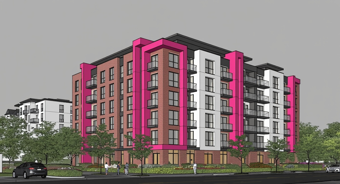 Original architectural 3D model: Magenta-accented mid-rise apartment exterior