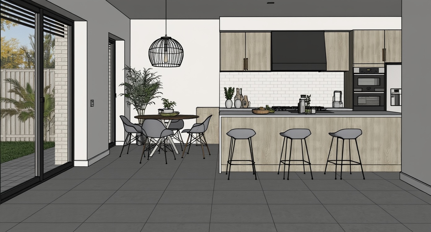 Original architectural 3D model: Polished concrete kitchen — modern dining scene