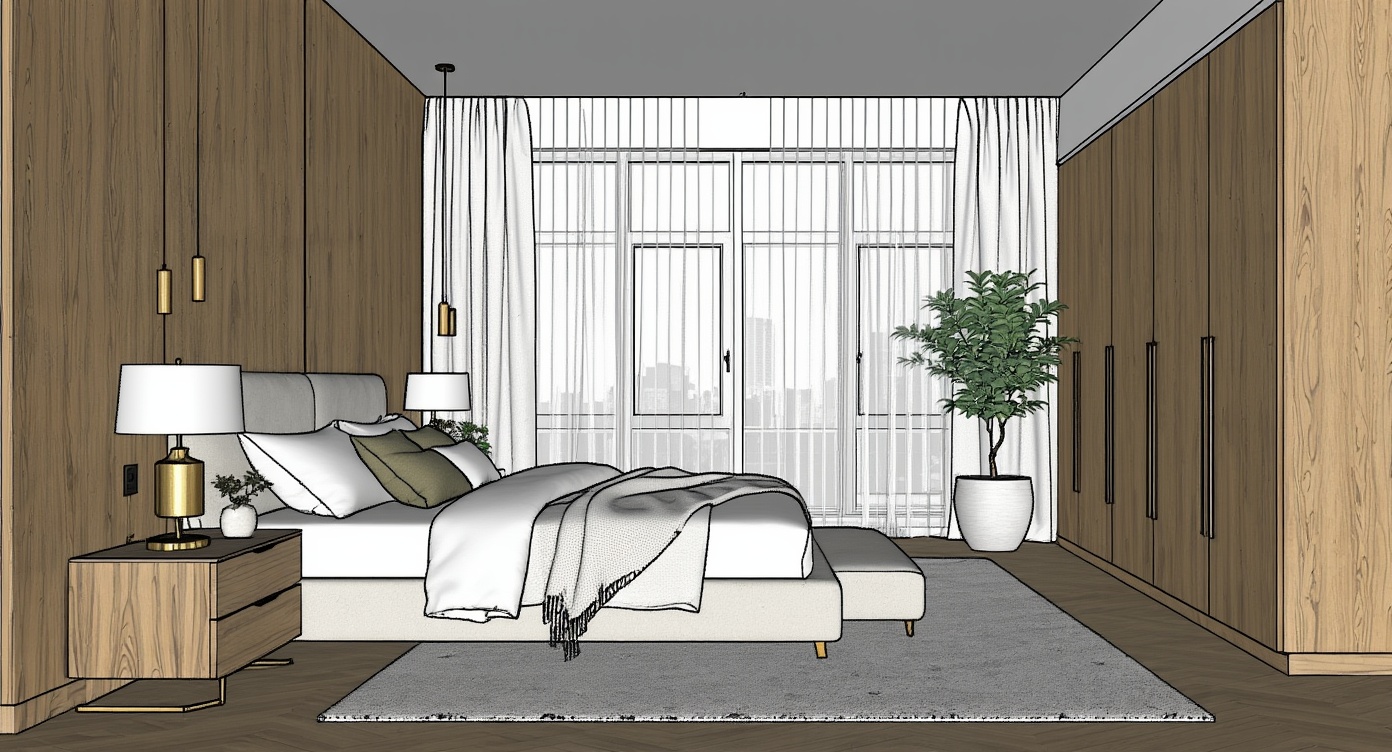 Original architectural 3D model: Contemporary wood‑paneled bedroom render