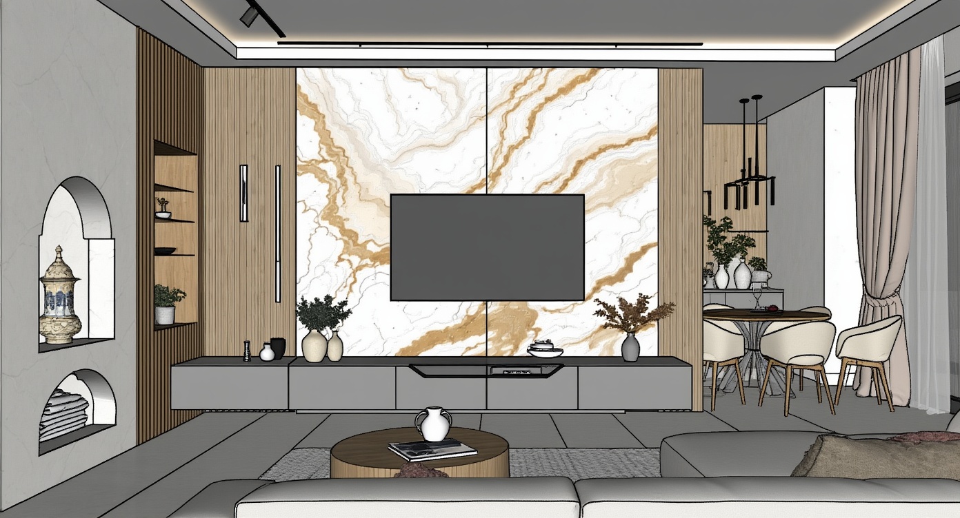 Original architectural 3D model: Modern marble-feature open plan living & dining