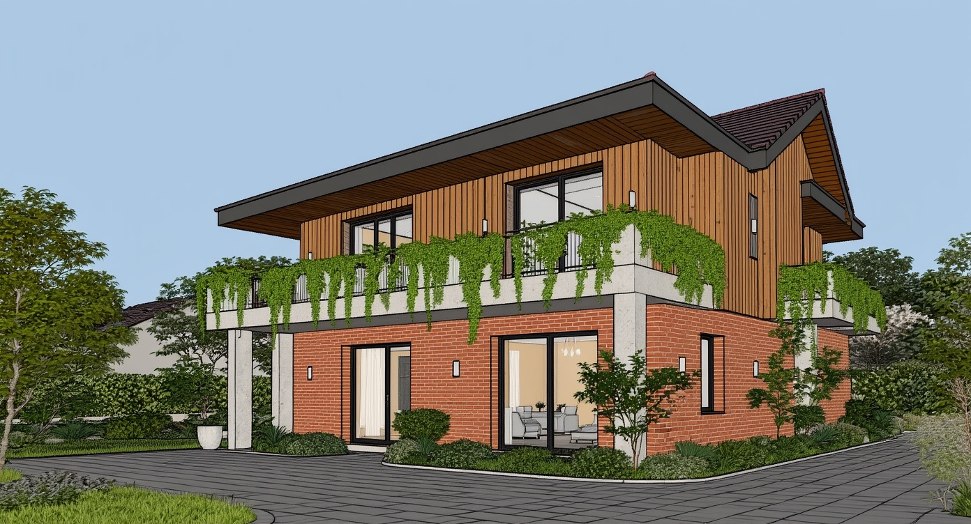 Original architectural 3D model: Modern gabled house — night render