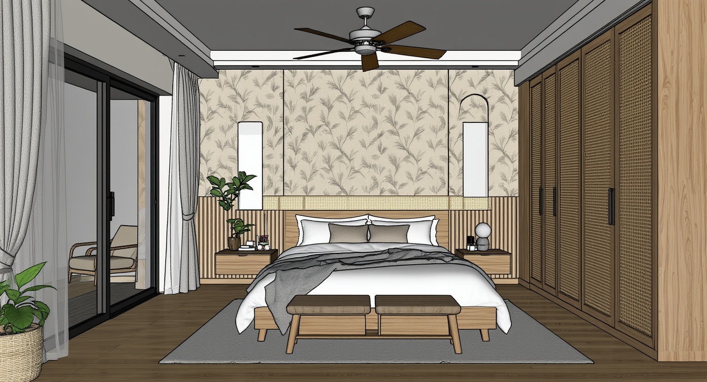 Original architectural 3D model: Contemporary rattan-accented bedroom
