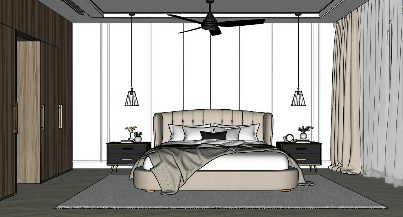 Original architectural 3D model: Modern luxury bedroom — quilted panel accent