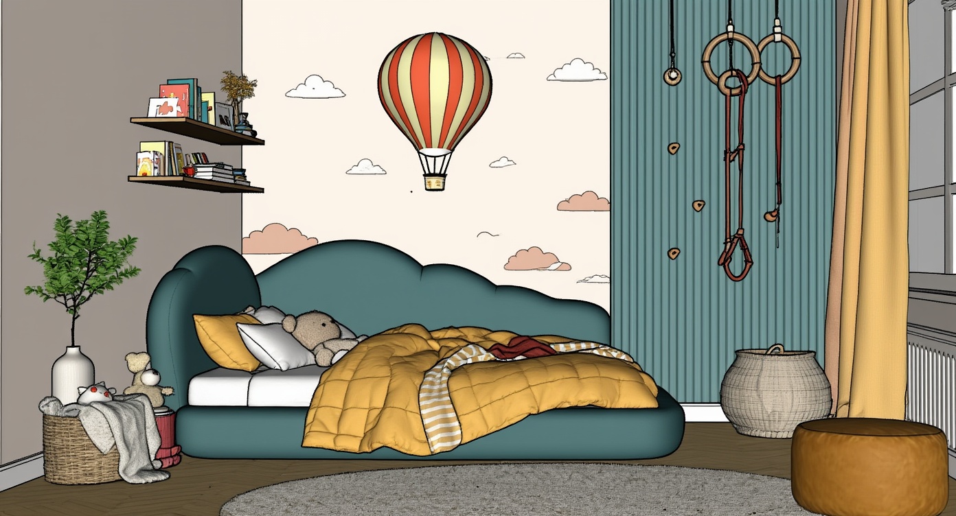 Original architectural 3D model: Modern children's bedroom — playful scalloped bed
